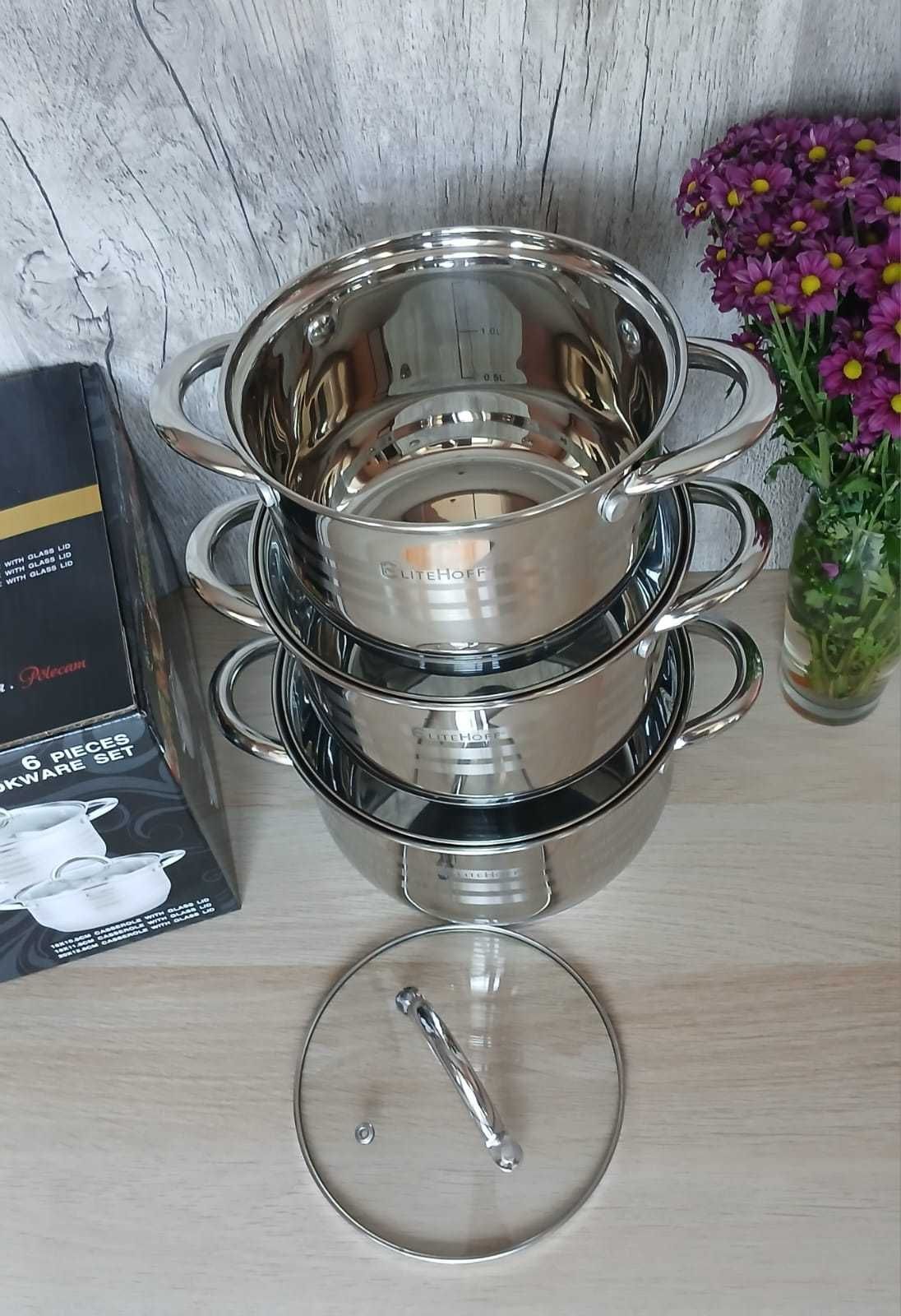 Garnki EliteHoff 6 elementów zestaw 3 garnków 18/20/22 cm na indukcję