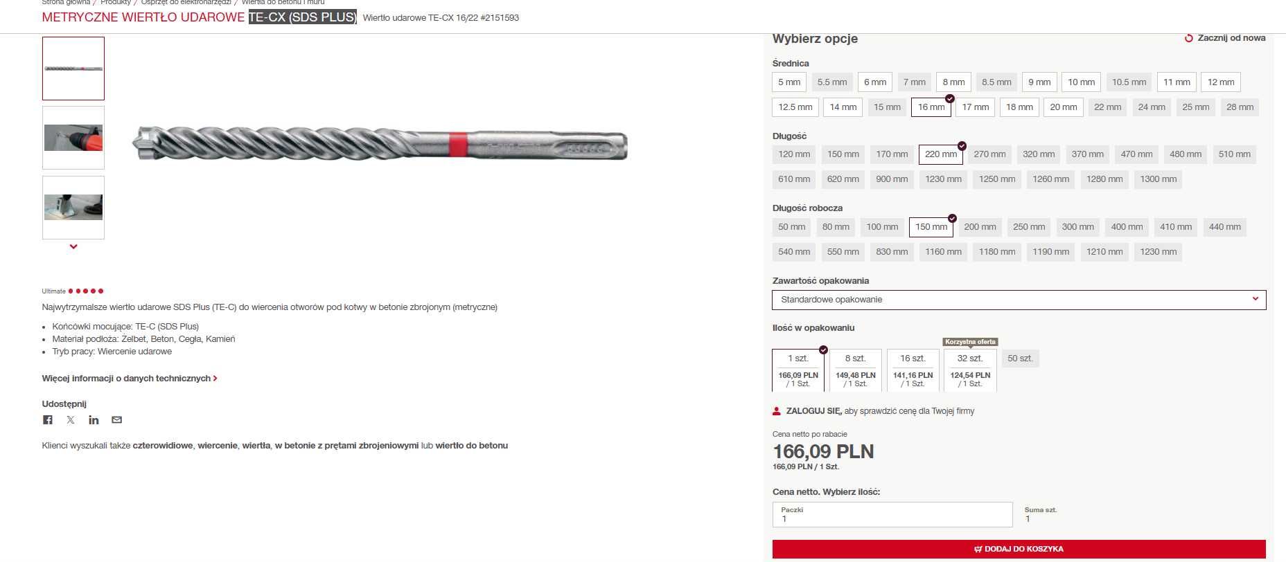 Metryczne wiertło udarowe TE-CX 16/22 (SDS PLUS)