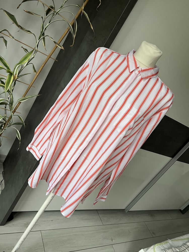 Biała koszula damska w pomarańczowe paski XXL plus size