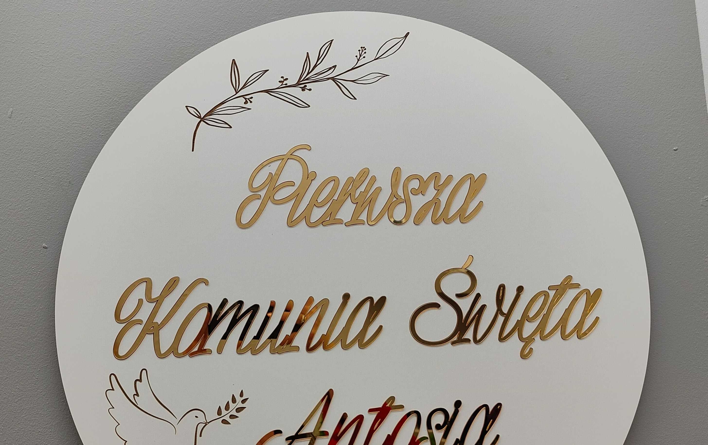 Okręg obręcz ścianka do zdjęć Komunia Święta złote lustro 4 wzory imię