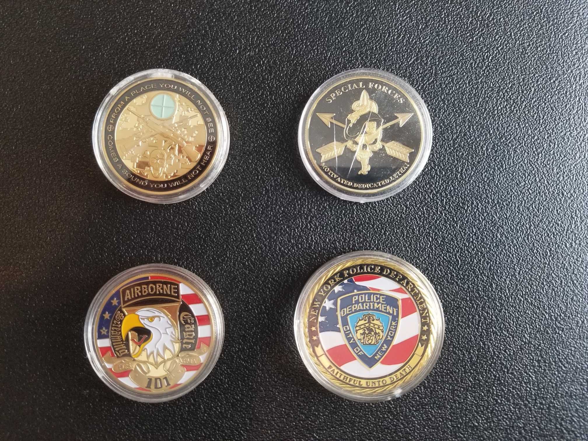 Coleção de 7 moedas/medalha das tropas especiais americanas +1- NYPD ,
