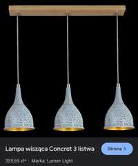 Lampa sufitowa 3 klosze efekt betonu drewniana listwa.