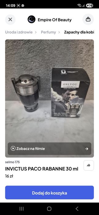 Invictus Paco Rabanne 30ml zamienik