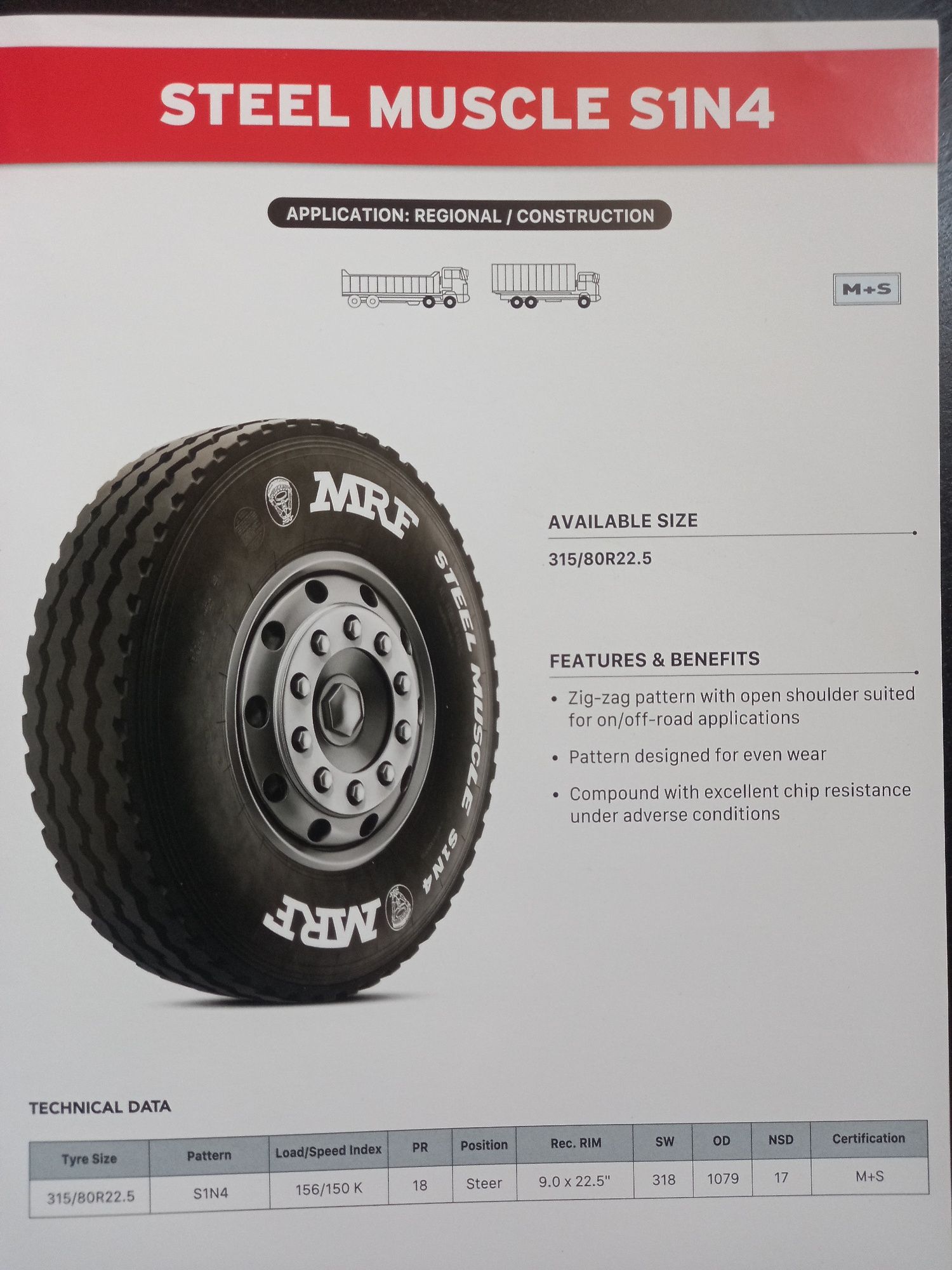 Opona ciężarowa przód 315/80R22,5 MRF S1N4 ON/OFF
