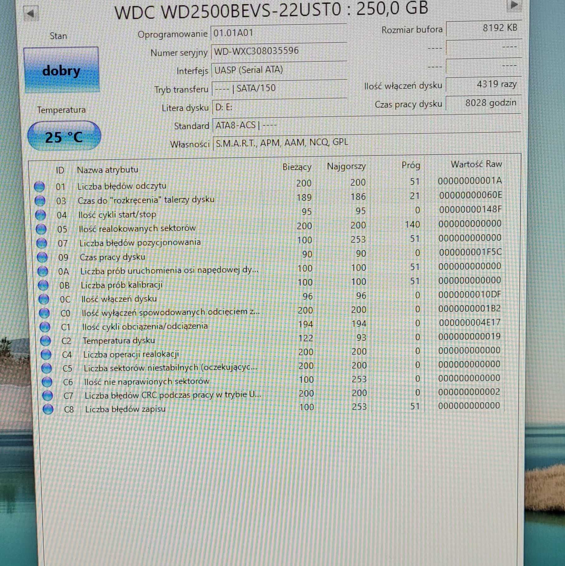 używany dysk twardy HDD 2,5" Western Digital 250GB 5400 rpm SATA