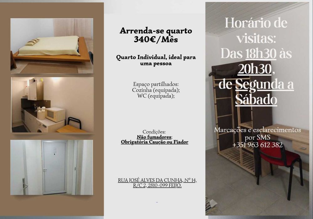 quarto individual no Feijó – 345€/mês (com cozinha e wc equipadas)