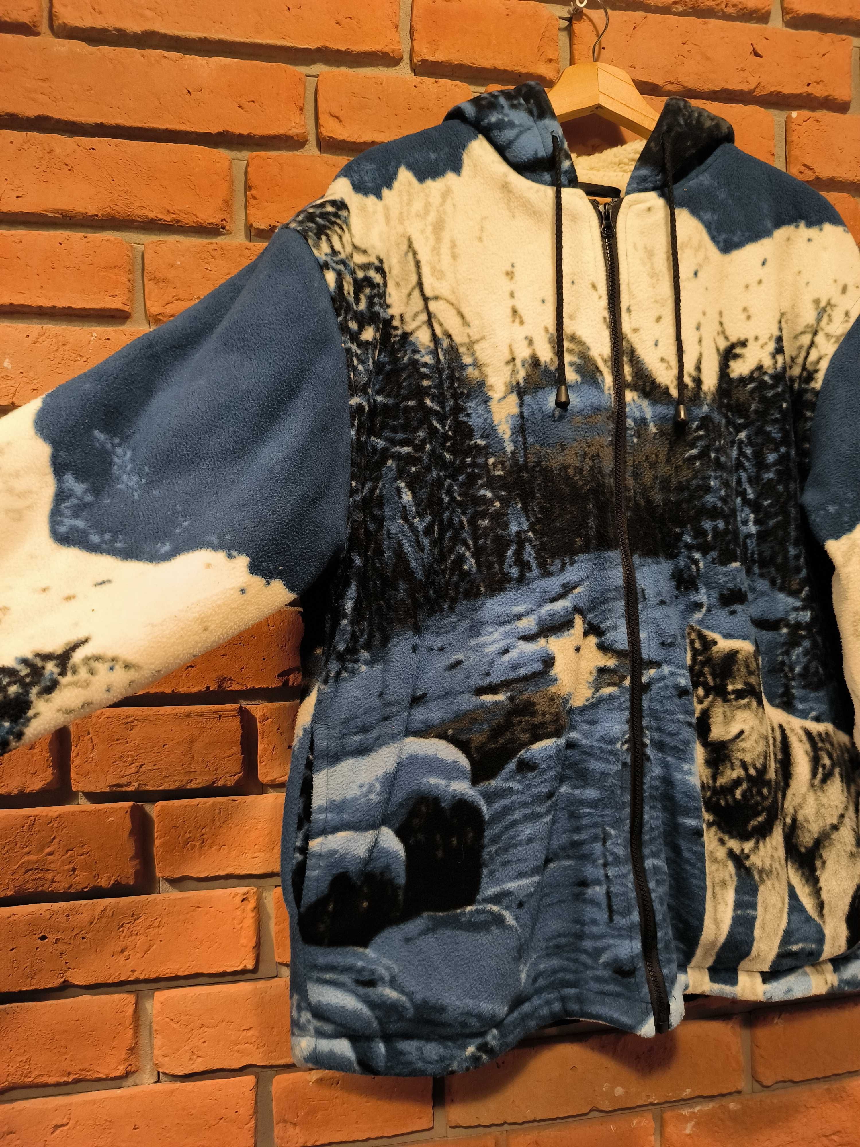 Vintage Bluza Polarowa Kurtka Gruba Ciepła Zimowy Wilki Natura Simran