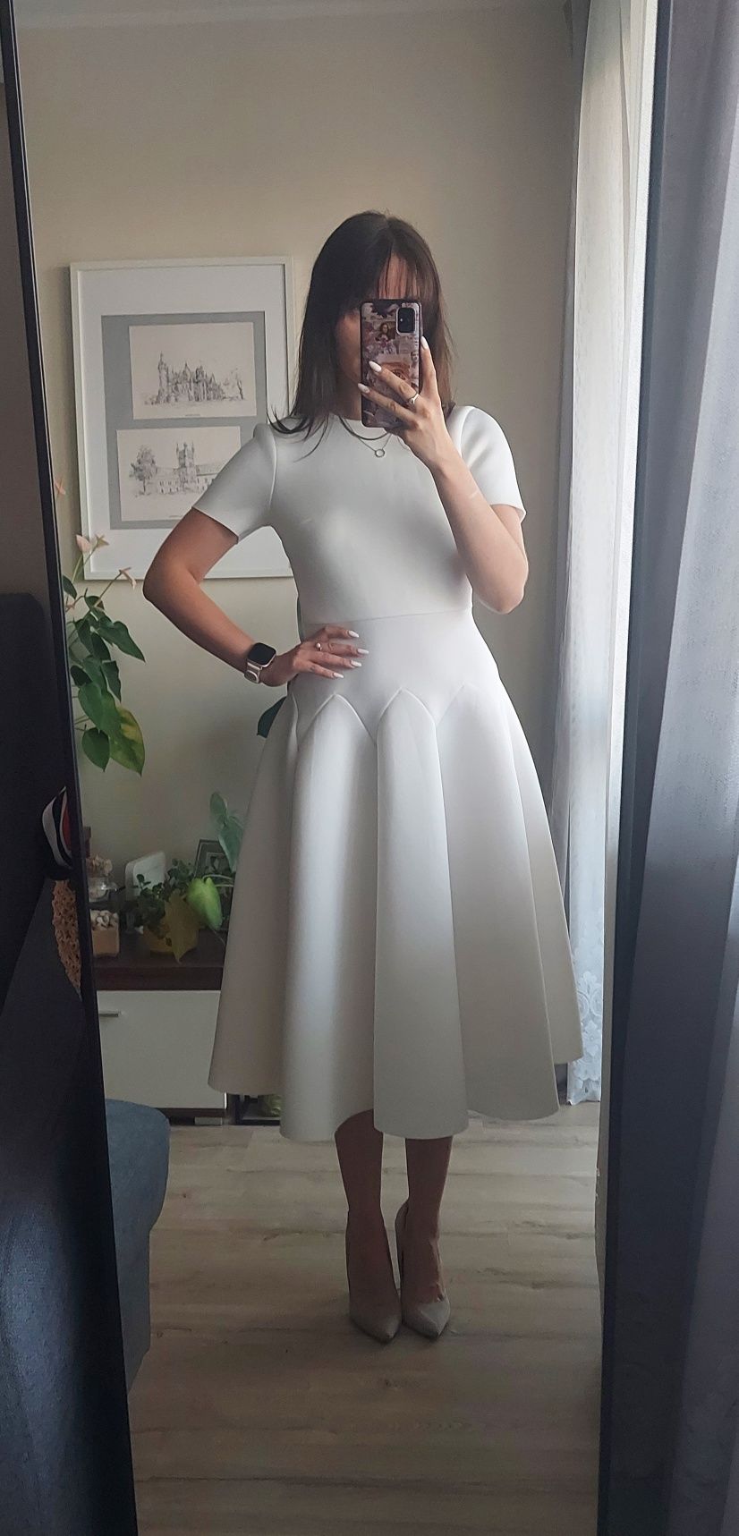 Piękna efektowna elegancka sukienka midi odkryte plecy rękaw Asos 34