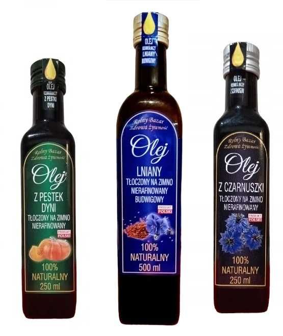 Olej lniany 500 ml + z pestek dyni 250 ml + z czarnuszki 250 ml