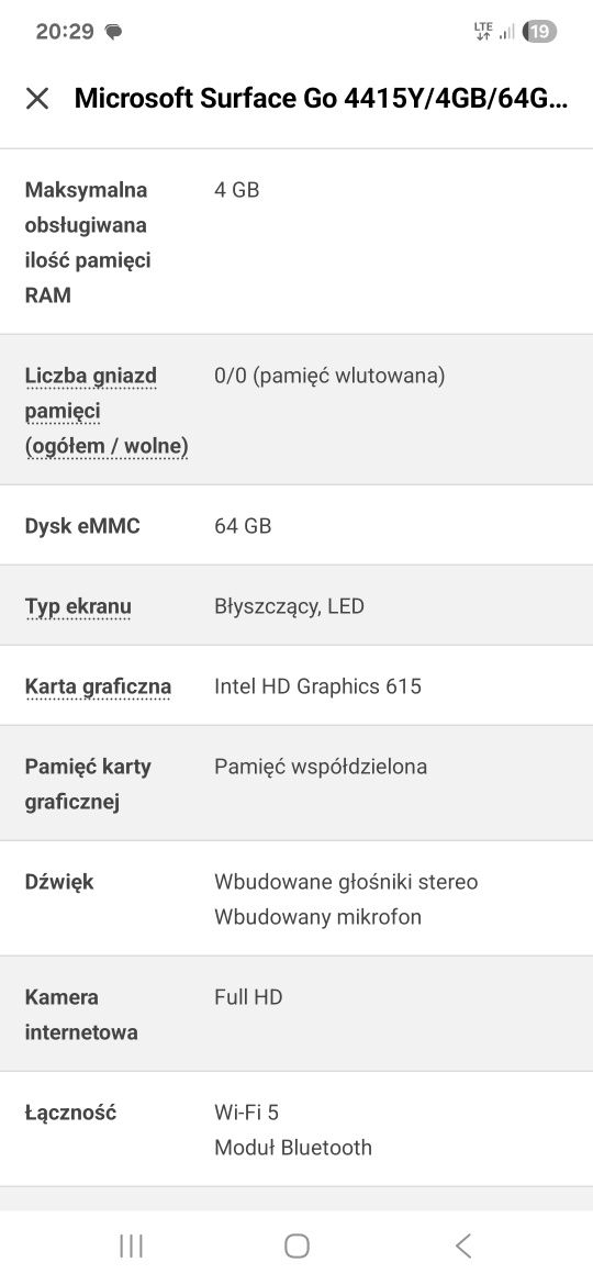 Tablet/laptop Microsoft Surface Go 4GB/64GB/W10S + klawiatura magnety