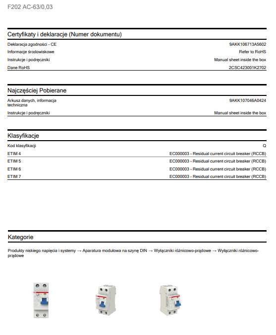 ABB Wyłącznik różnicowoprądowy 2P 63A 0.03A typ AC F202AC-63/0.03 -50%