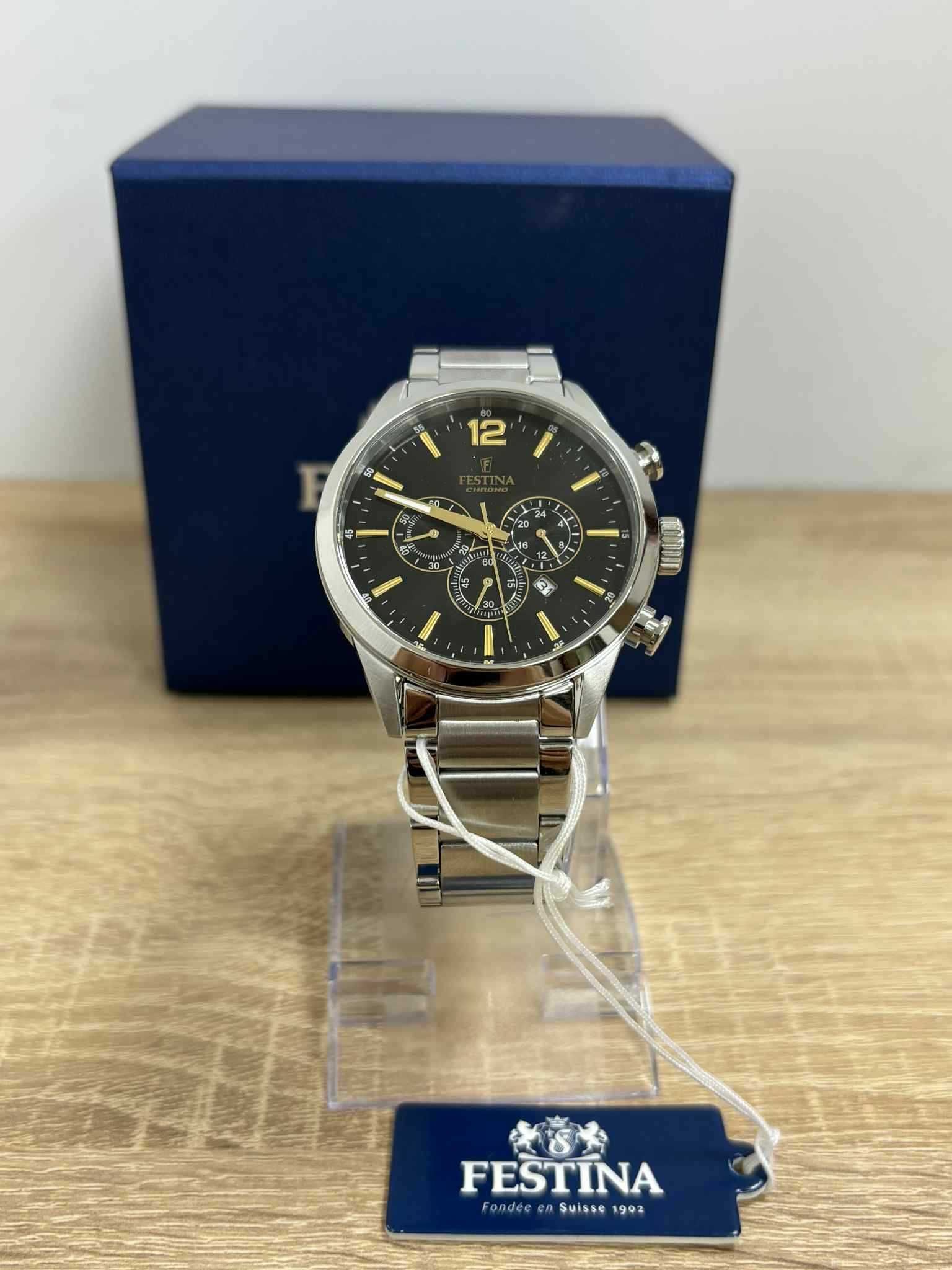 Festina F20343/4 – Czarna tarcza z detalami w złocie. okazja!!