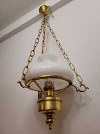 Lampa wisząca Żyrandol mosiężna z białym szklanym kloszem naftowa E27