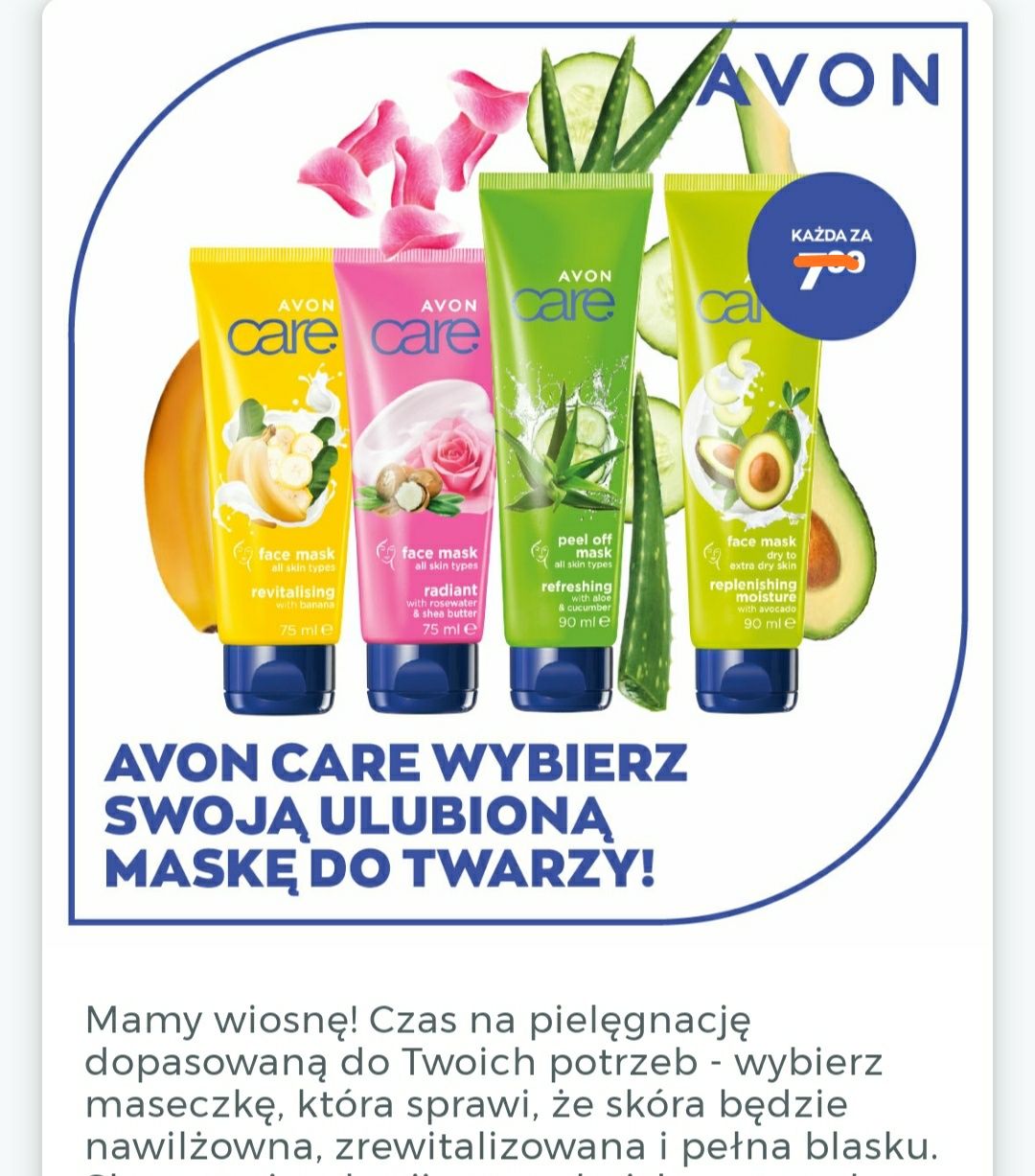 Maseczka twarzy Avon care bananowa avokado różana ogórek dzień matki