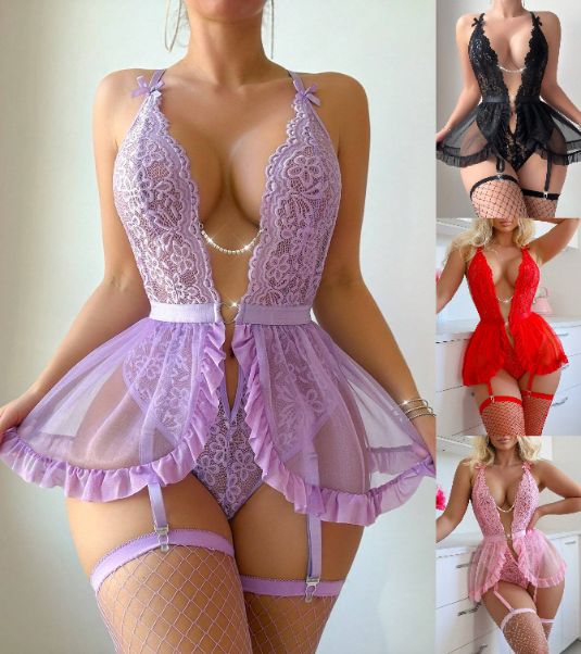 Venus koronkowe body falbanka paski do pończoch łańcuszek fioletowy
