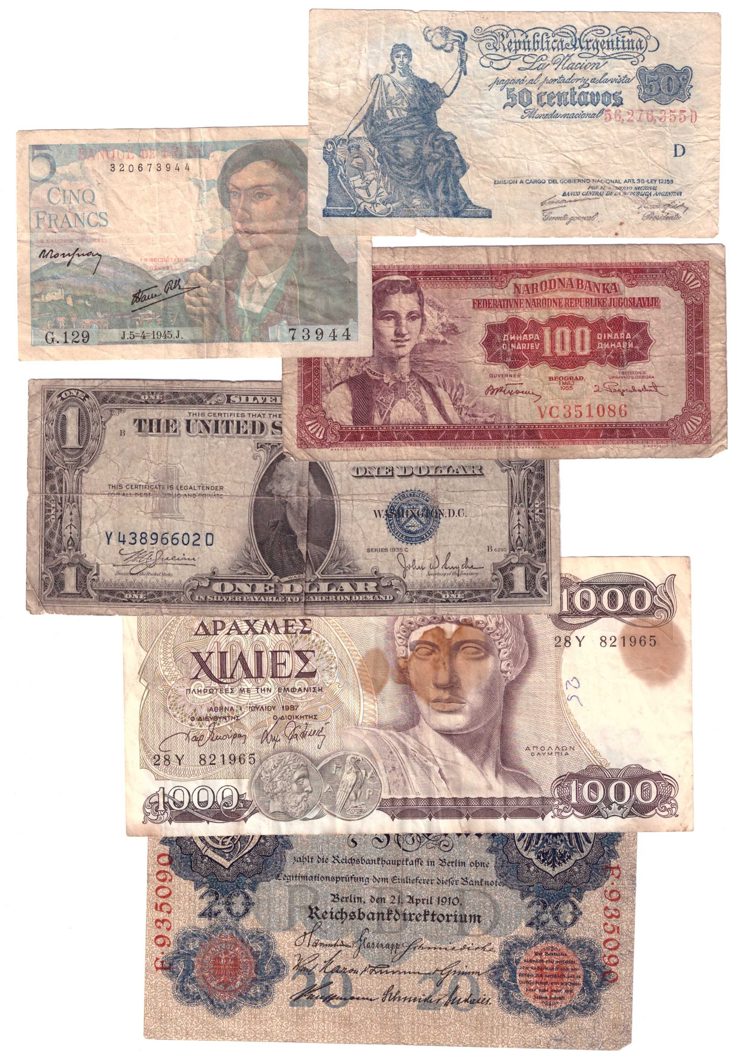 Banknoty zagraniczne, zestaw 6 szt.