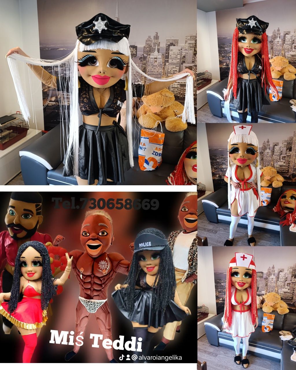 Żywe maskotki, mężczyzna, kobieta ,biały miś, króliczek, Skolim