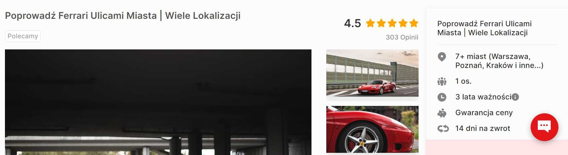 Voucher Wyjątkowy prezent Poszalej Ferrari ulicami miast z filmowaniem