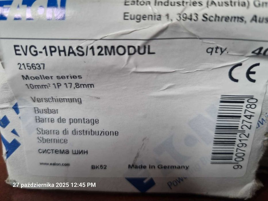 Szyna łączeniowa 1P 63A na 12 modułów EATON EVG-1PHAS/12MODUL