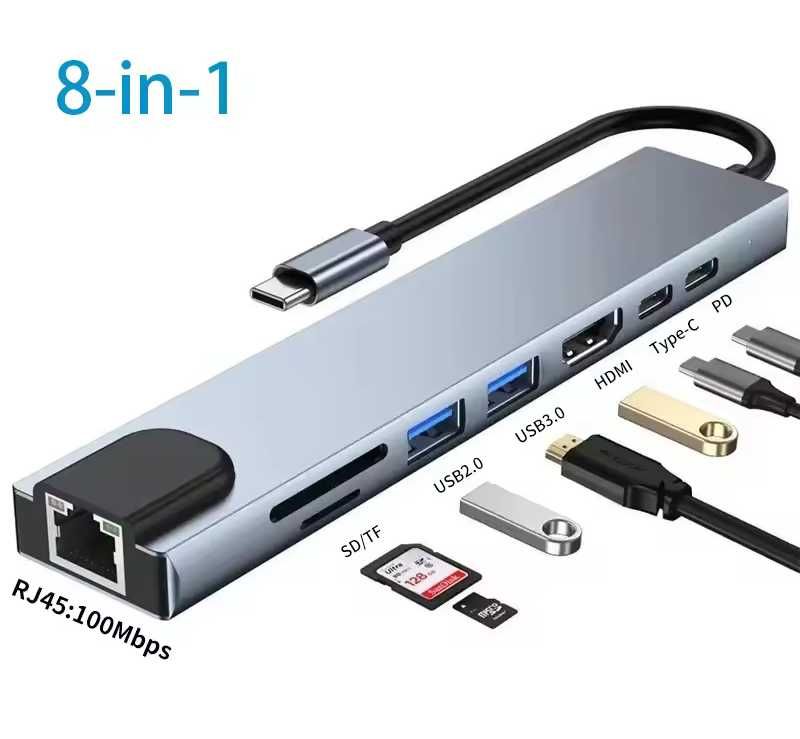 Hub 8в1 Адаптер Usb-A Type-С HDMI PD Хаб 8-in-2 SD TF RJ45 macbook 4K