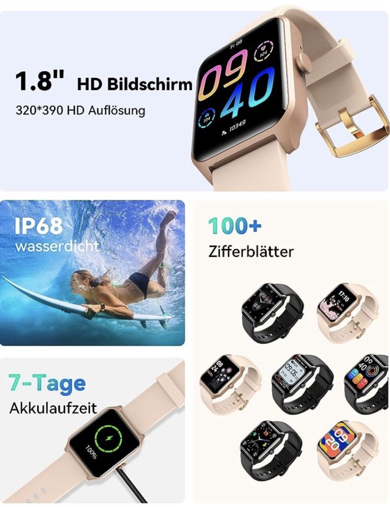 Smartwatch damski różowy marki Tenesy 1,8” nowy oryginalny.