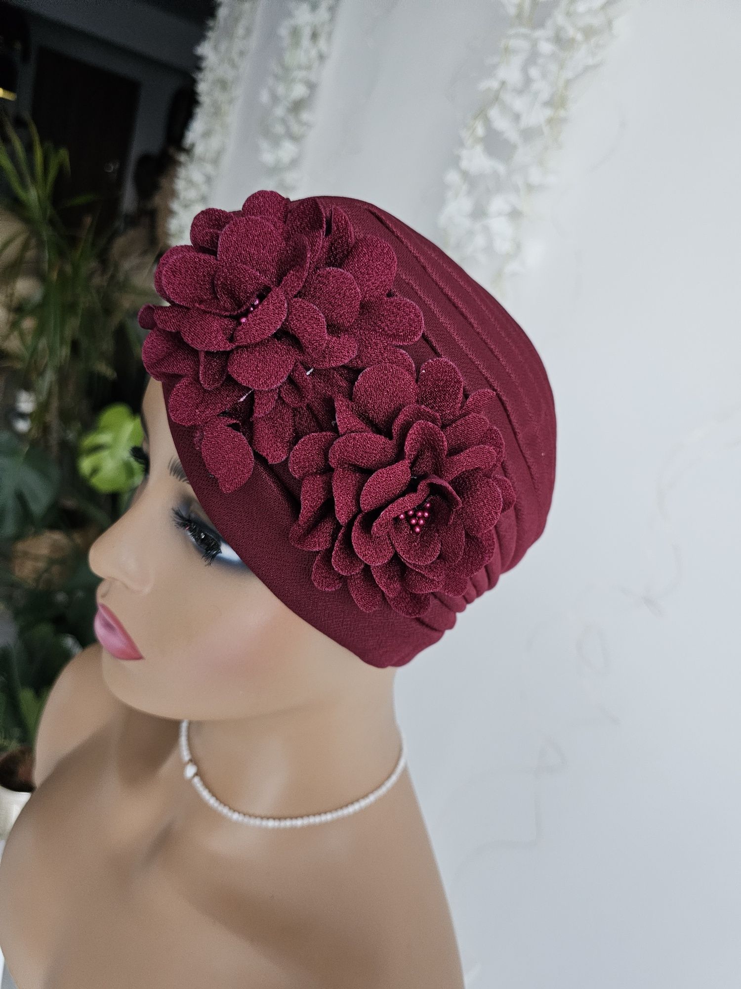 Ozdobny turban czepek czapka Ala bordo nakrycie głowy podczas leczenia