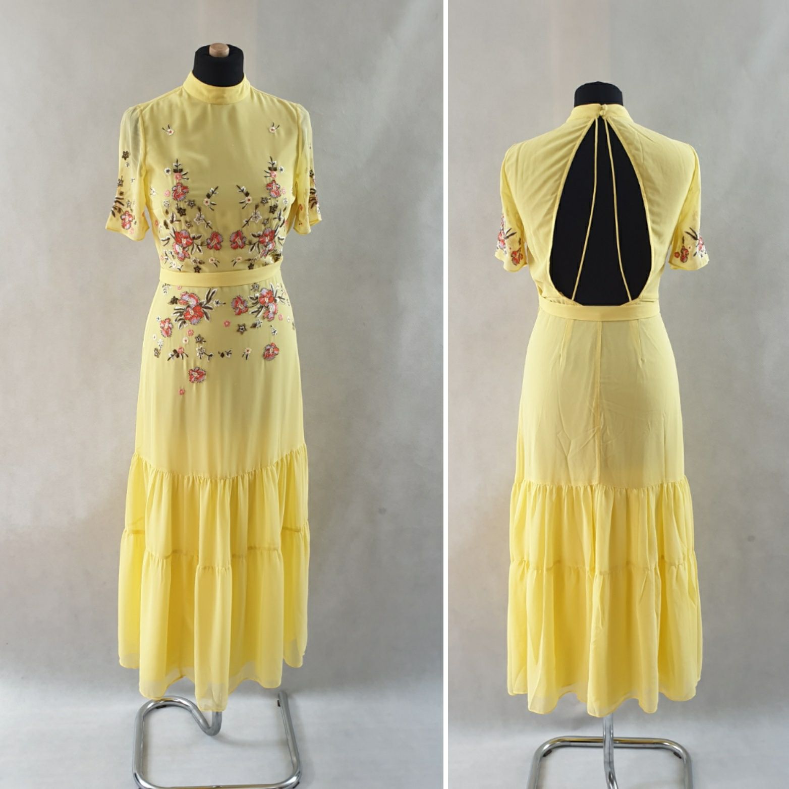 Żółta letnia boho sukienka ze zwiewnego materiału. Odkryte pl