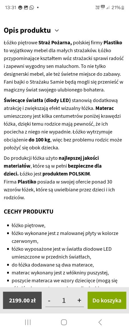 Łóżko piętrowe straż pożarna dla dzieci