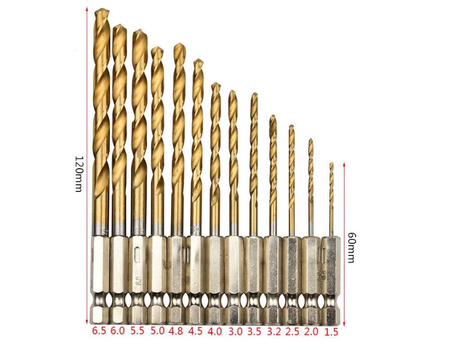 Сверла набор 13 штук +нитрид титана с шестигранным 1/4″для шуруповерта