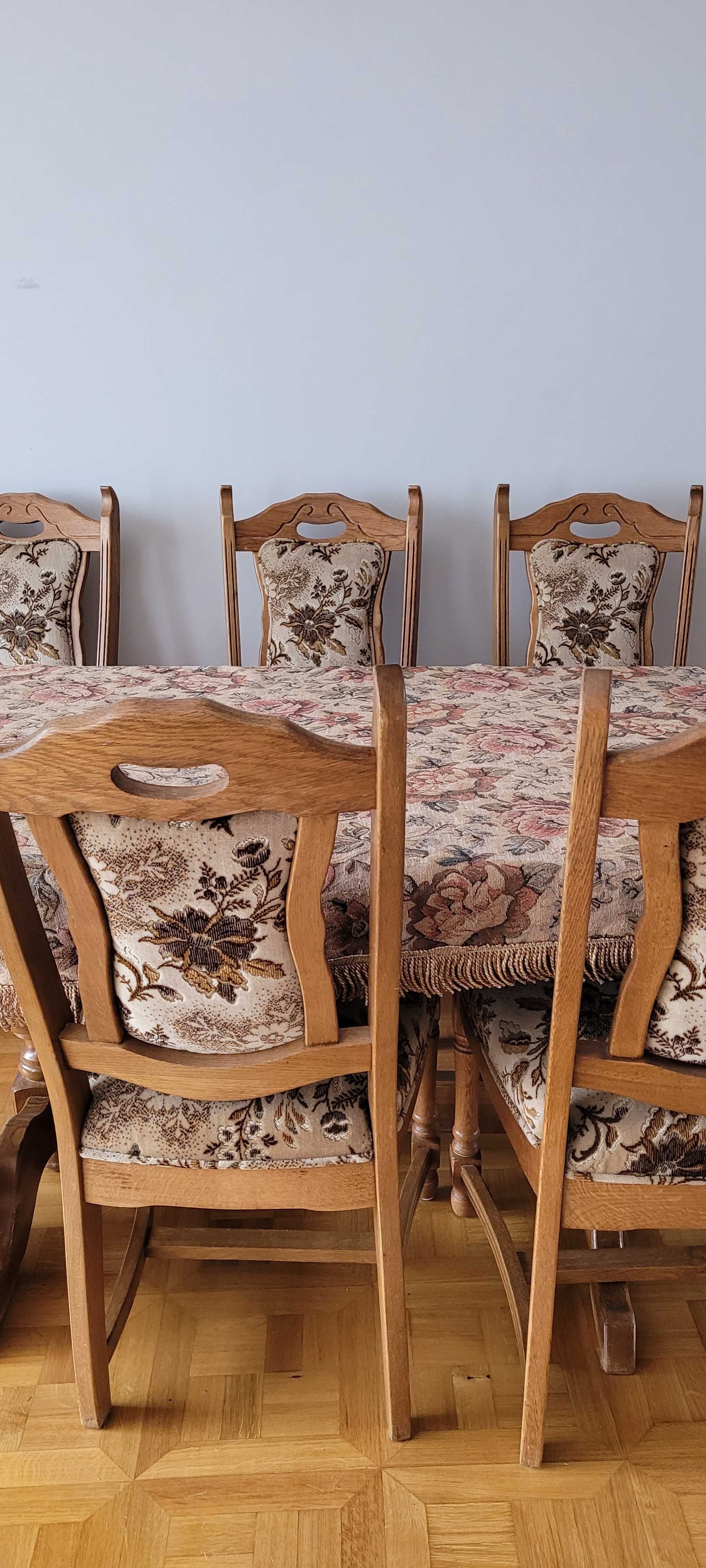 Stół 160X90 cm, rozkładany+6 dębowych, tapicerowanych  krzeseł