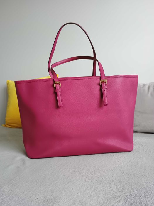 Oryginalna skórzana duża, pojemna torba shopper MK Michael Kors fuksja