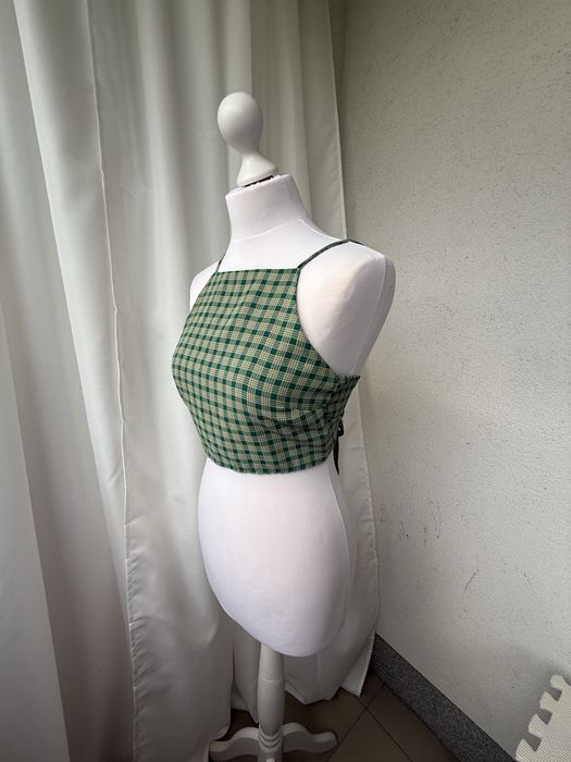 Crop top wiązany z tyłu zielona kratka 36 38