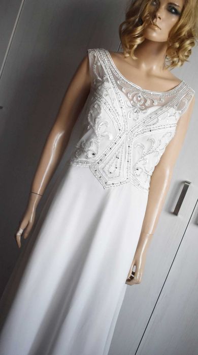 Sukienka 38 M L balowa długa biała szyfonowa luźna cyrkonie koronka