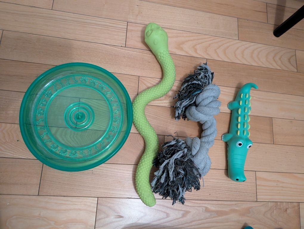 Zestaw zabawek dla psa (frisbee, szarpak, krokodyl i wąż do smaczków)