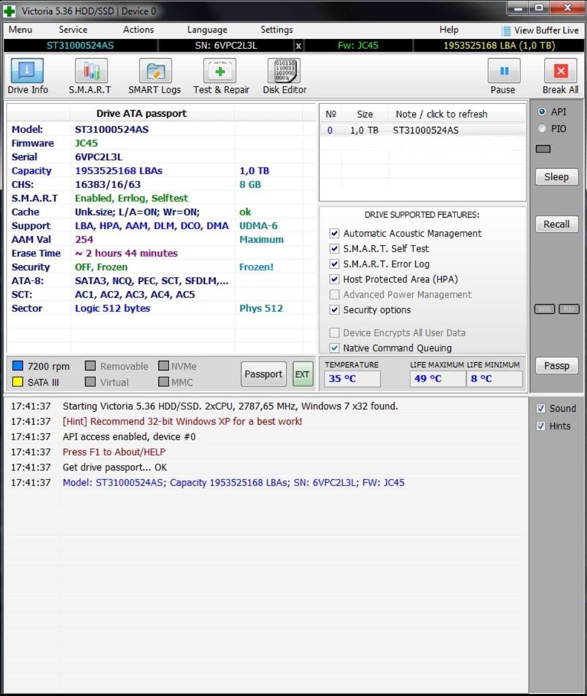 Винчестер жесткий диск 1 Tb Тб SATA3 ST31000524AS 7200rpm 32Mb рабочий