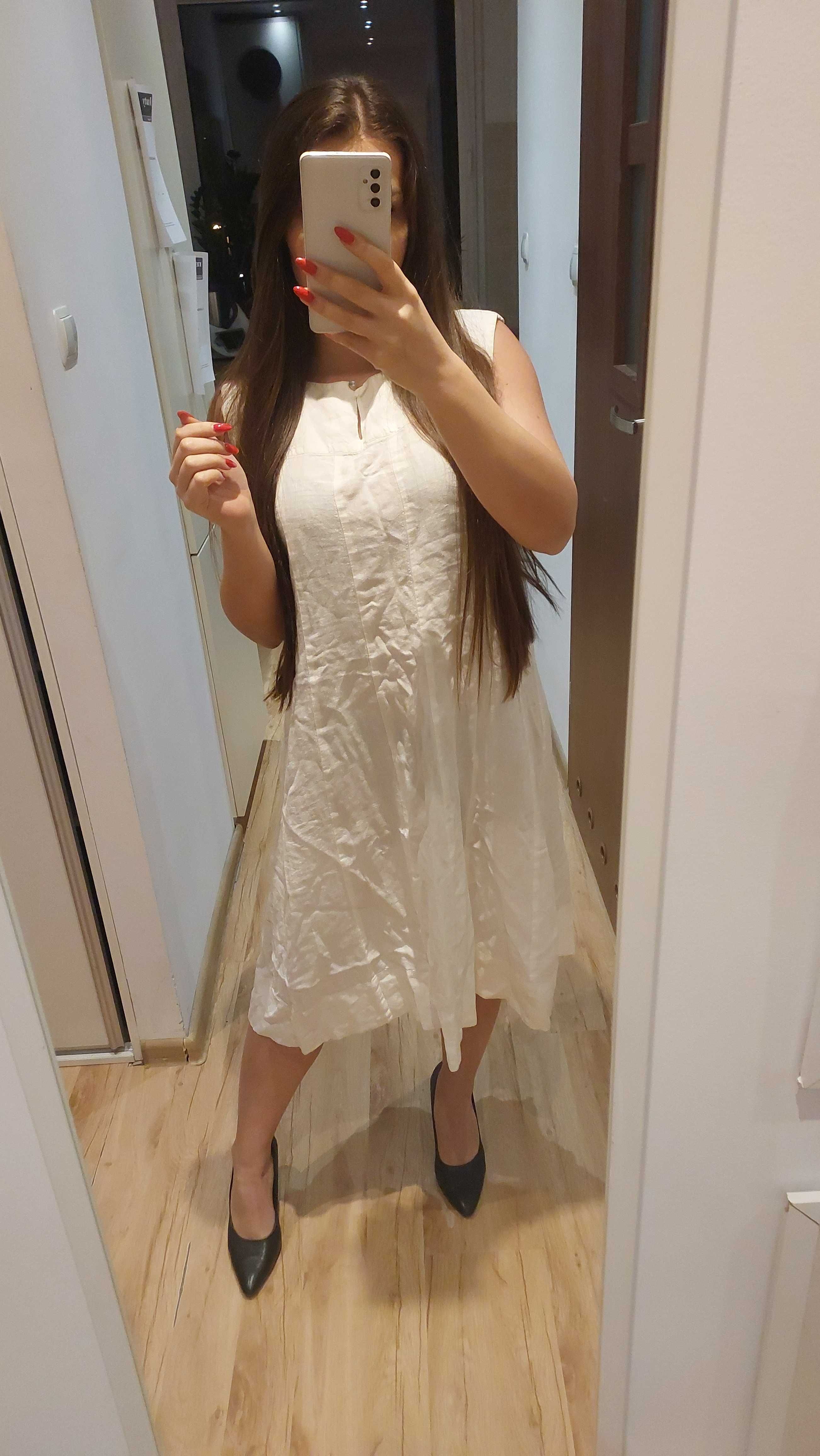 biała lniana sukienka len L XL midi