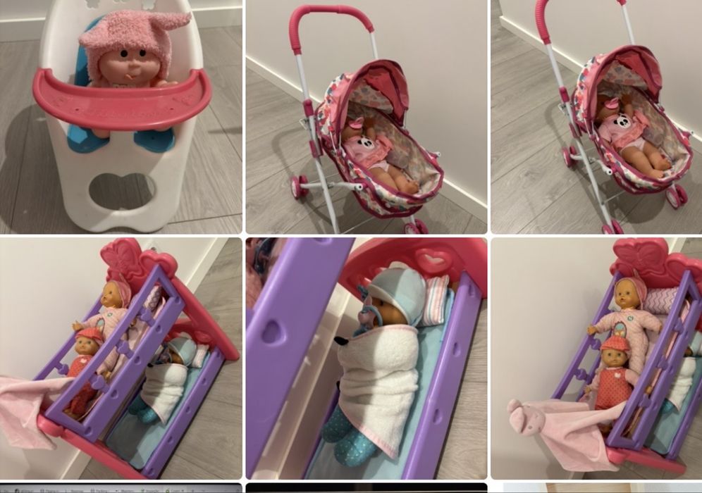 Pack brinquedos bebé – cama, cadeira de comer, carrinho e 5 bonecos
