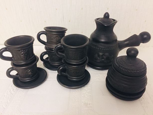 Кофейный сервиз из черной глины, авторская ручная работа чайник ваза