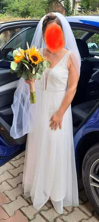 Suknia ślubna rozmiar S-36 biel, perełki, koronka +Gratis Welon