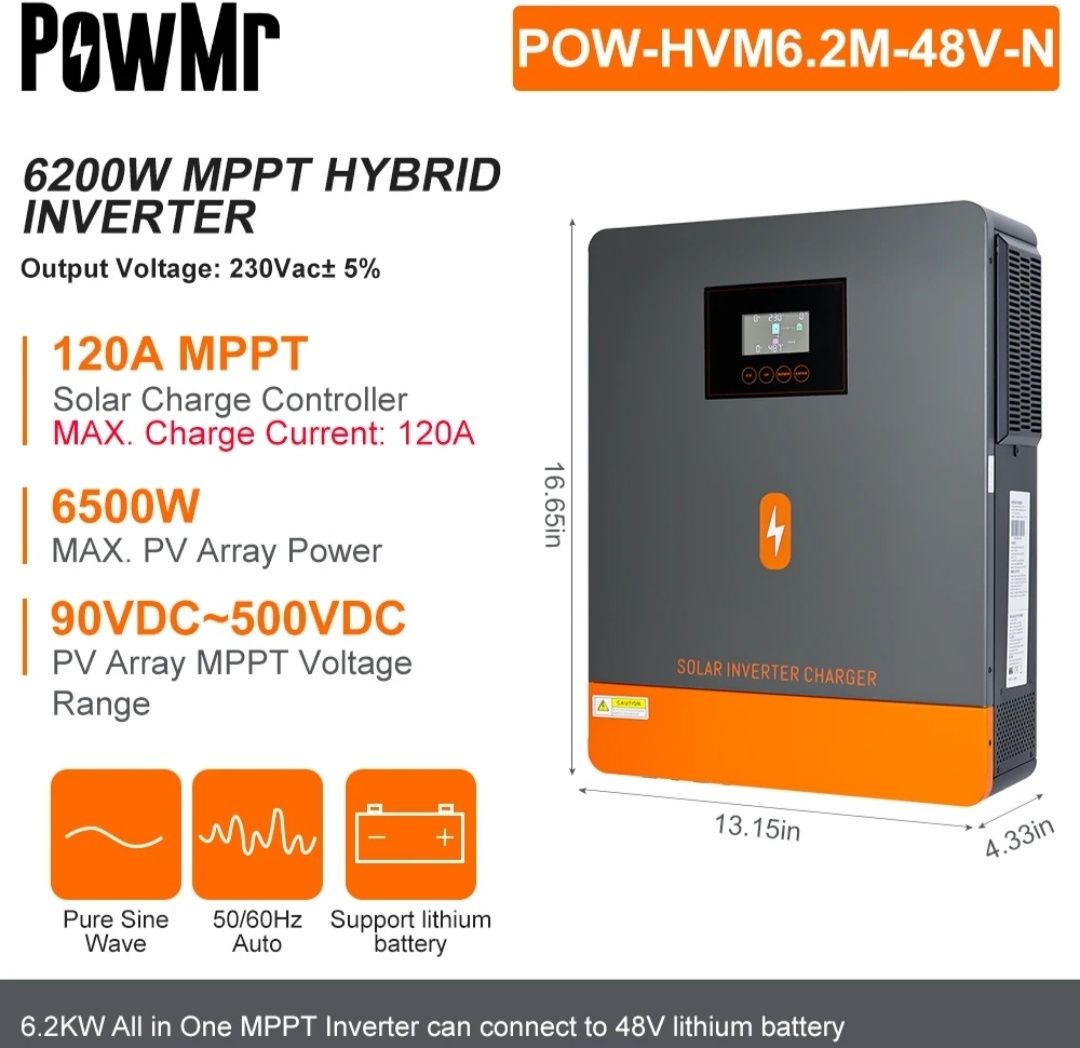PowMr 6200W Гібридний інвертор, безперебійне живлення