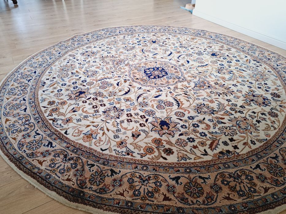 Przepiękny okrągły Keshan. Ręcznie tkany wełniany dywan Średnica 252cm