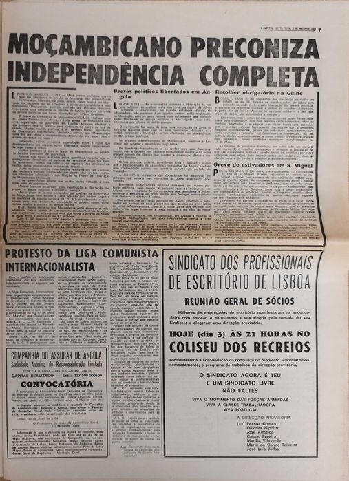 Jornal "A Capital" de 3 maio 1974- após a revolução