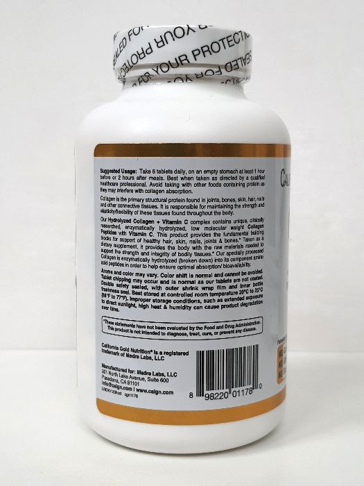 Коллаген California Gold Nutrition, тип 1 и 3, с витамином C, 250 табл