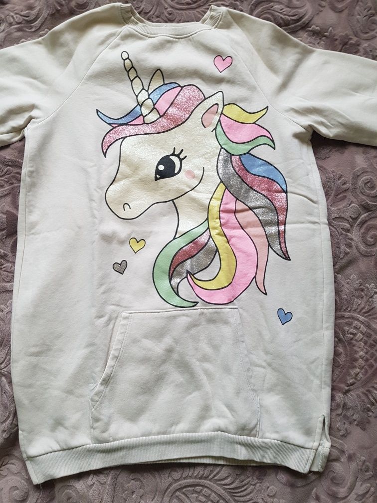 Ładna kremowa dluga bluza,  tunika dresowa z jednorożcem H&M 140-146