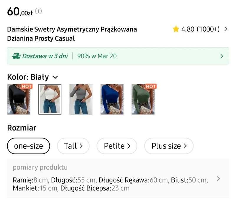 Śmietankowy nowy sweterek na jedno ramię uniwersalny one size