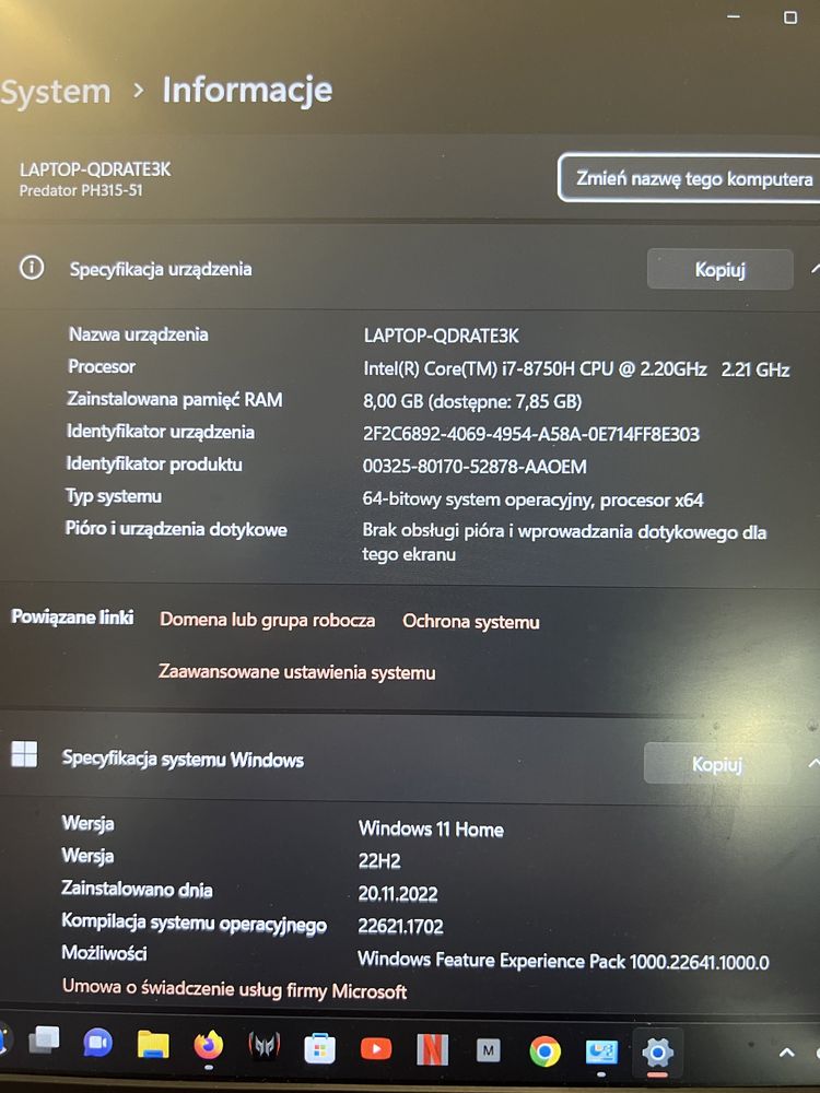 Acer predator helios 300 ph315-51 i7