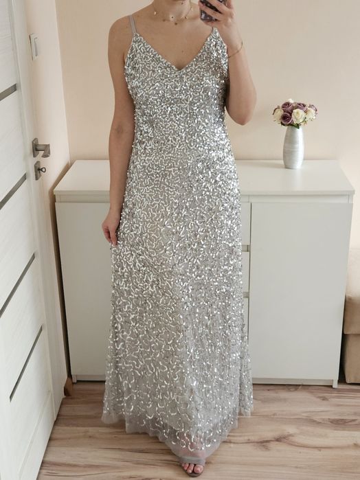 Sukienka maxi cekinowa prosta 38 M maya deluxe szara tiul wesele