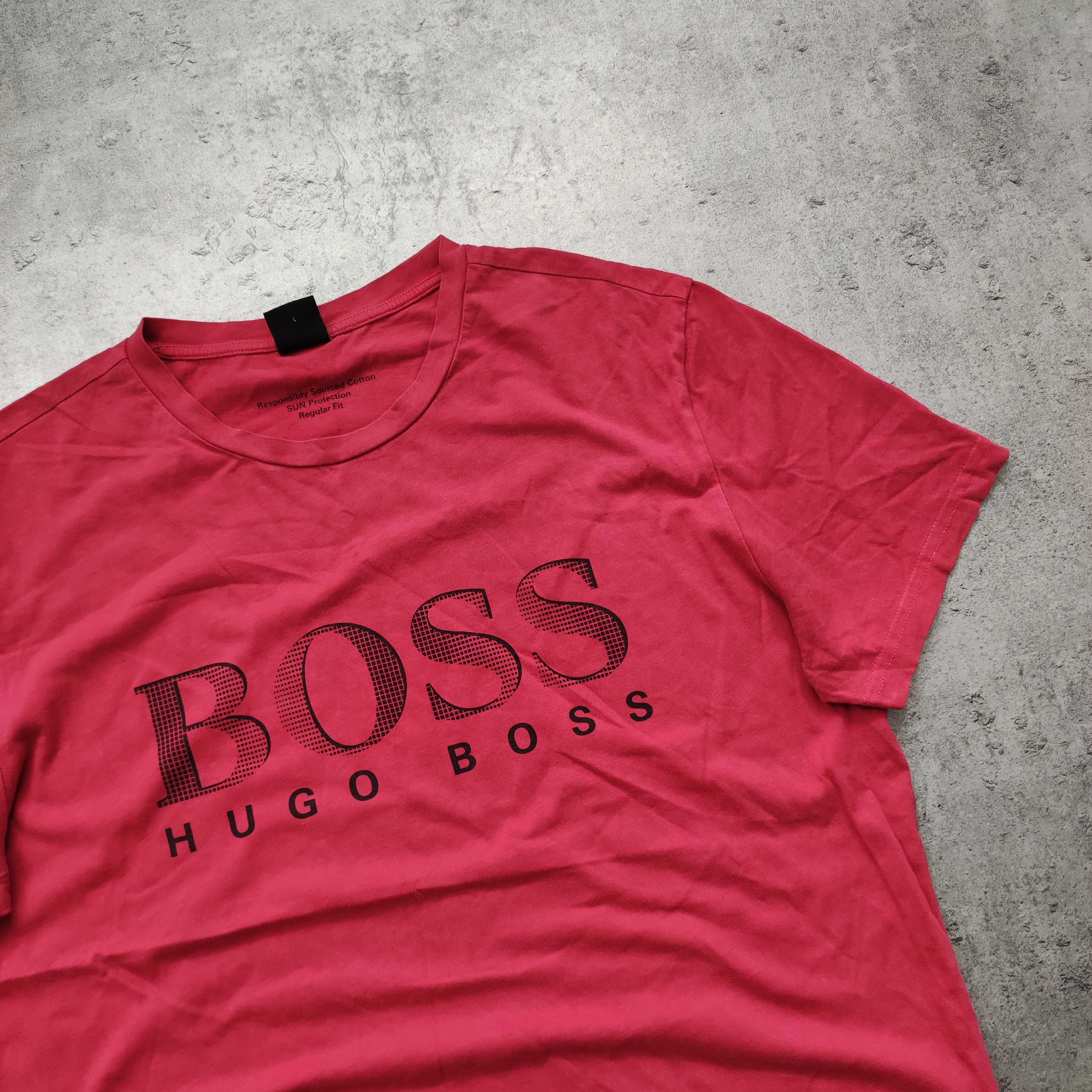 MĘSKA PREMIUM Koszulka Bawełna Duże Logo Hugo Boss Nadruk Różowa