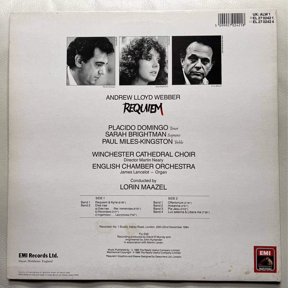 Пластинка Винил LP Requiem Andrew Lloyd Webber 1985 UK EMI