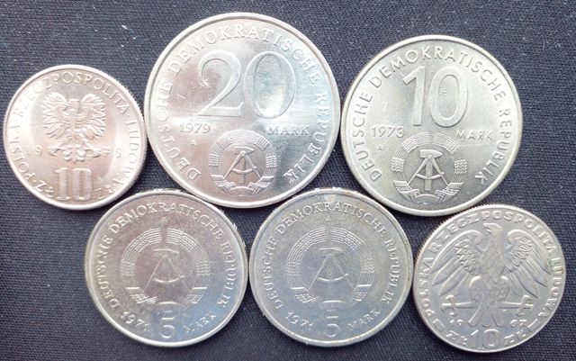 Монеты юбилейка. ГДР : 5 , 10 и 20 Марок. Польша 10 злотых.